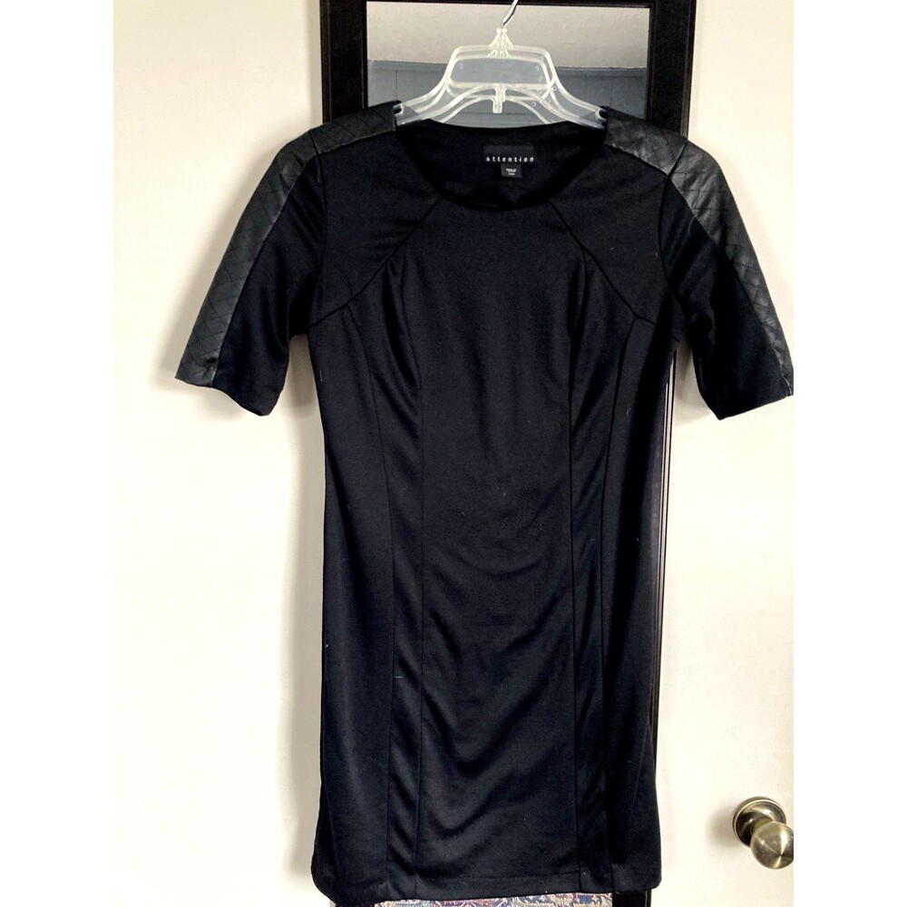 Attention Women’s Medium Black Stretch Dress Faux Leather Sleeves Good Condition